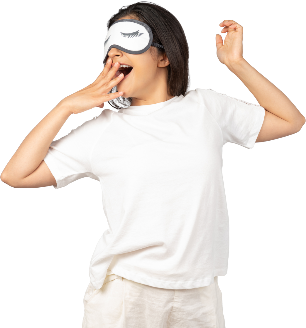 Yawning Woman with Sleeping Eye Mask